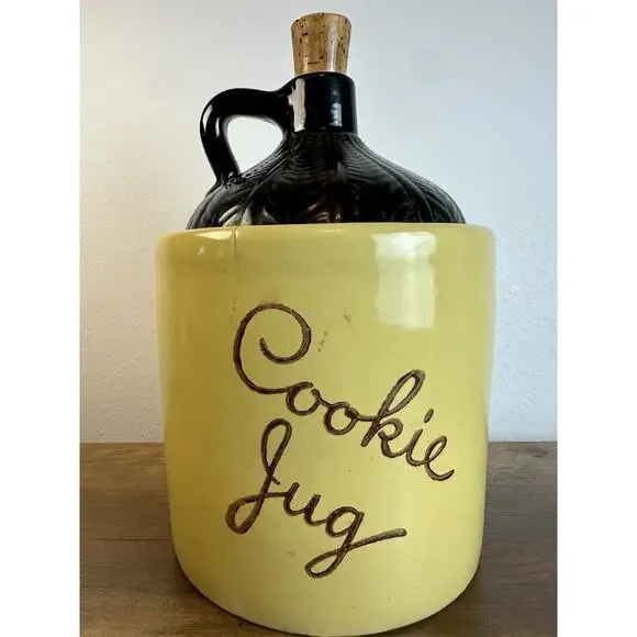 Vintage Stoneware Cookie Jug Crock Yellow Black Pottery w/ Cork Lid